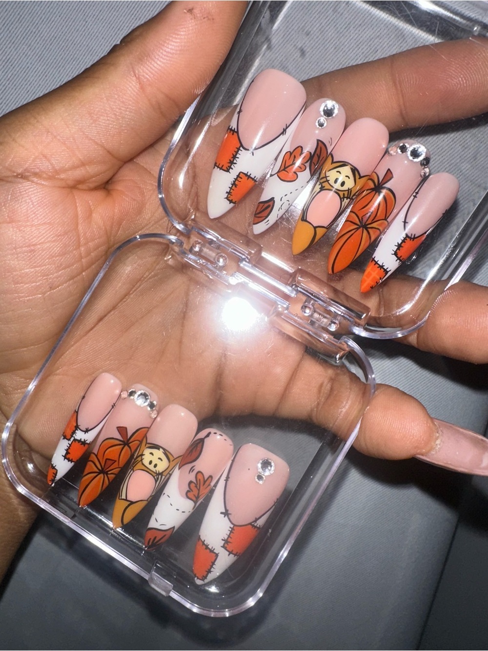 Press-On Nails Set — Pink Base with Orange Floral & Pumpkin Accents